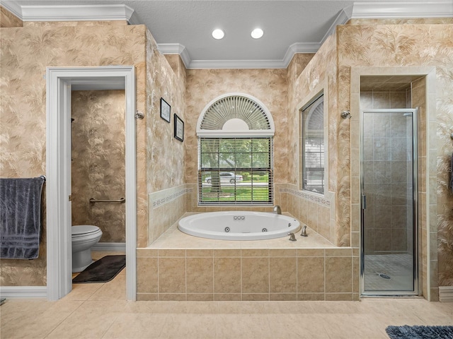 148 Melissa Trl, Auburndale, FL 33823 - full bathroom featuring a tub with jets, a stall shower, toilet, ornamental molding, and tile patterned floors