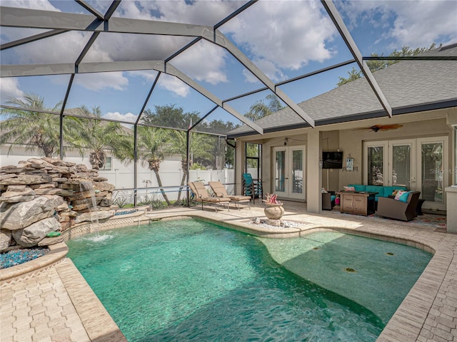 148 Melissa Trl, Auburndale, FL 33823 - view of pool with french doors, a patio, ceiling fan, outdoor lounge area, and a lanai