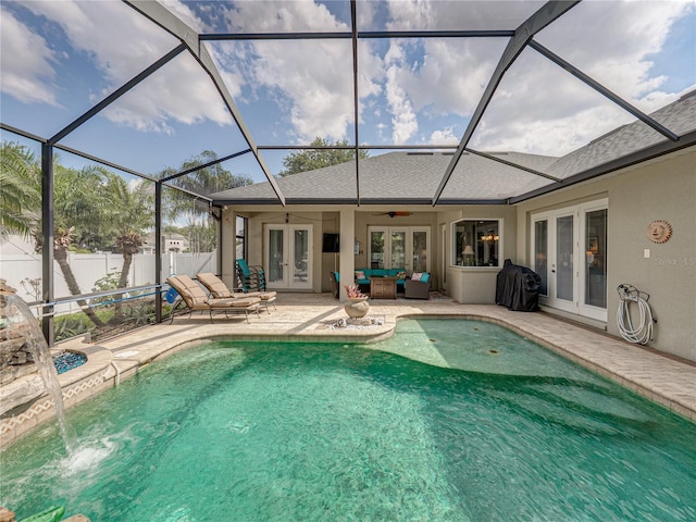 148 Melissa Trl, Auburndale, FL 33823 - view of pool featuring french doors, a patio area, ceiling fan, outdoor lounge area, and glass enclosure