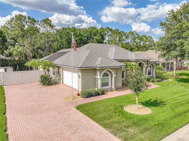 148 Melissa Trl, Auburndale, FL 33823 - view of front of property featuring stucco siding, a garage, a shingled roof, a gate, and decorative driveway