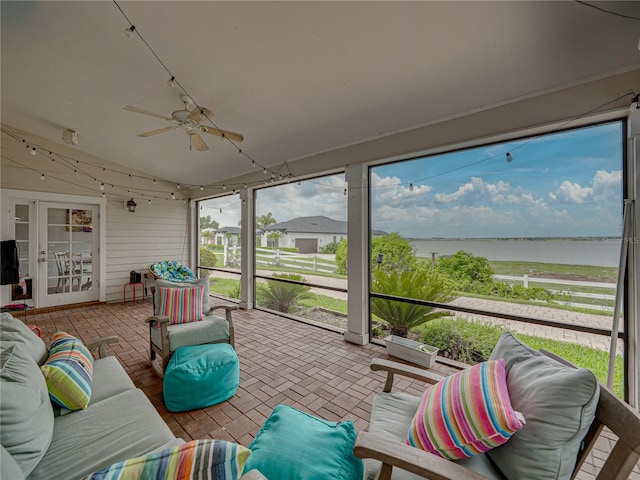 184 Melissa Trl, Auburndale, FL 33823 - sunroom / solarium featuring an outdoor living space, a water view, and ceiling fan