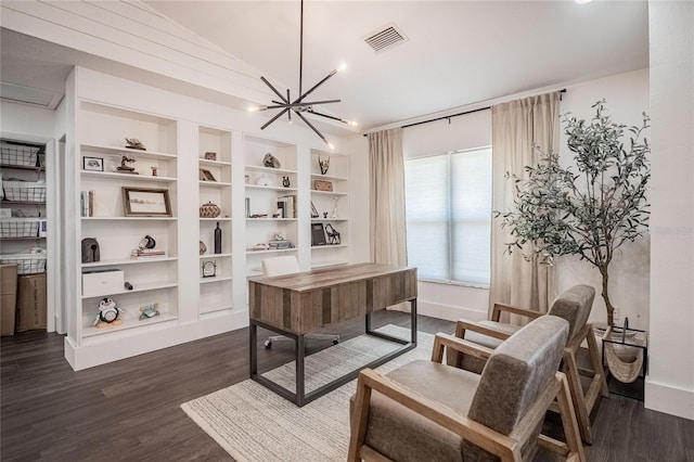 7608 Franklin Rd, Plant City, FL 33565 - office space featuring dark wood-style floors, lofted ceiling, a chandelier, baseboards, and built in features