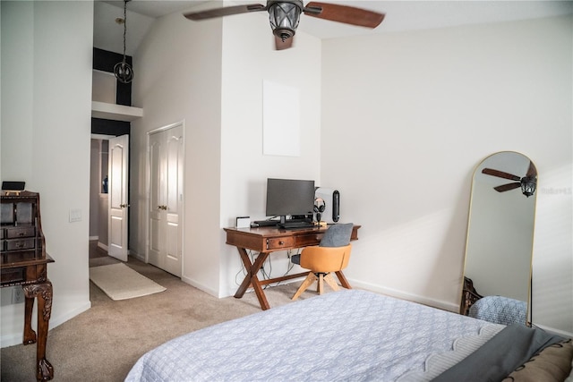 11567 Misty Isle Ln, Riverview, FL 33579 - bedroom featuring carpet floors, an office area, baseboards, a towering ceiling, and ceiling fan