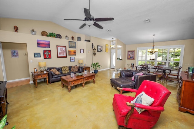 1130 Ewell Rd, Lakeland, FL 33811 - living area with vaulted ceiling, a chandelier, ceiling fan, and baseboards