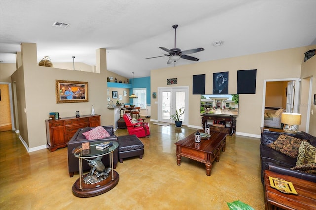 1130 Ewell Rd, Lakeland, FL 33811 - living area with baseboards, lofted ceiling, a ceiling fan, and finished concrete floors