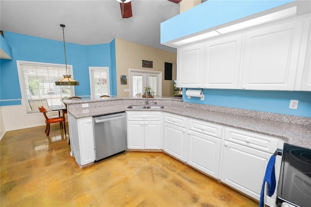 1130 Ewell Rd, Lakeland, FL 33811 - kitchen featuring dishwasher, a sink, electric range oven, concrete flooring, and a peninsula