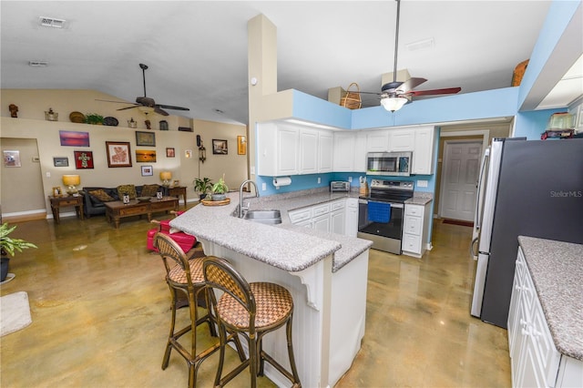 1130 Ewell Rd, Lakeland, FL 33811 - kitchen featuring stainless steel appliances, a ceiling fan, a sink, a peninsula, and vaulted ceiling