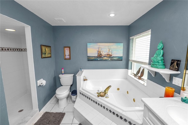 1130 Ewell Rd, Lakeland, FL 33811 - full bathroom with a whirlpool tub, toilet, a tile shower, vanity, and tile patterned flooring