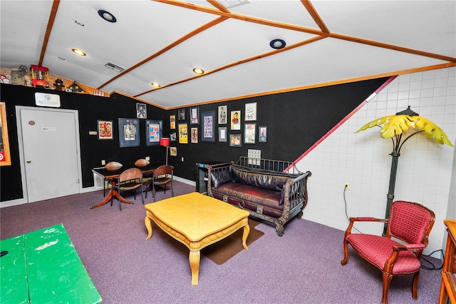1130 Ewell Rd, Lakeland, FL 33811 - living area with carpet floors, vaulted ceiling, and recessed lighting