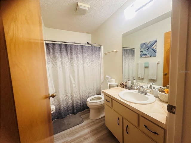 2430 Gresham St, Sebring, FL 33875 - bathroom featuring toilet, wood finished floors, vanity, a textured ceiling, and a shower with shower curtain