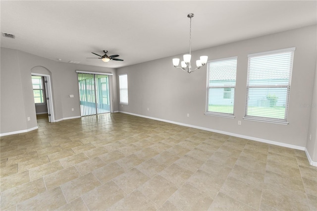 4125 Prima Lago Cir, Lakeland, FL 33810 - spare room featuring plenty of natural light, baseboards, a chandelier, and a ceiling fan