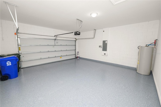4125 Prima Lago Cir, Lakeland, FL 33810 - garage featuring water heater, electric panel, a garage door opener, and concrete block wall