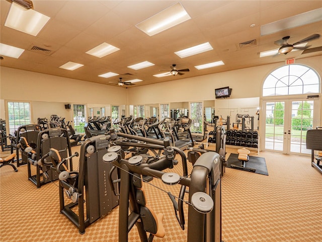 4125 Prima Lago Cir, Lakeland, FL 33810 - workout area with light carpet, ceiling fan, french doors, and a drop ceiling