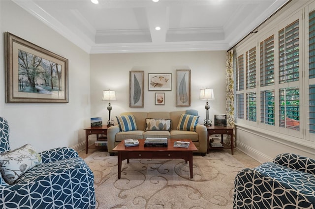 1825 Pawnee Trl, Lakeland, FL 33803 - living room with baseboards, crown molding, recessed lighting, and coffered ceiling