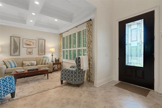 1825 Pawnee Trl, Lakeland, FL 33803 - entrance foyer with crown molding, recessed lighting, coffered ceiling, beam ceiling, and baseboards