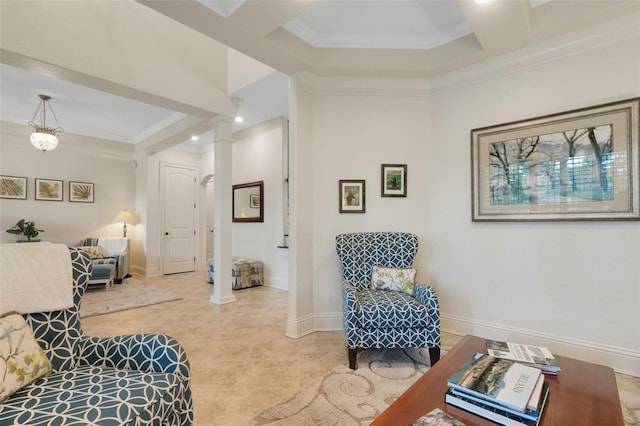 1825 Pawnee Trl, Lakeland, FL 33803 - living room featuring ornate columns, ornamental molding, baseboards, beam ceiling, and coffered ceiling