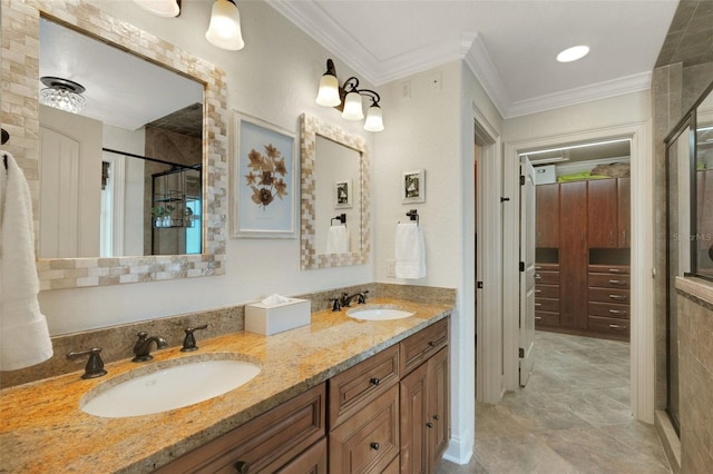 1825 Pawnee Trl, Lakeland, FL 33803 - bathroom featuring a stall shower, double vanity, and ornamental molding
