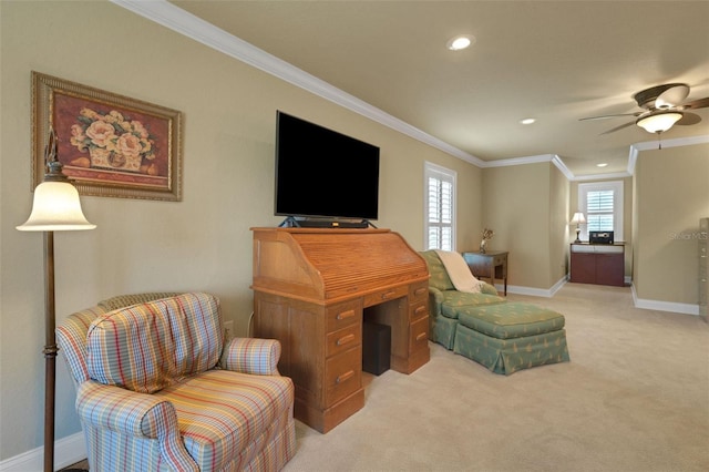 1825 Pawnee Trl, Lakeland, FL 33803 - living area with crown molding, light carpet, baseboards, recessed lighting, and ceiling fan
