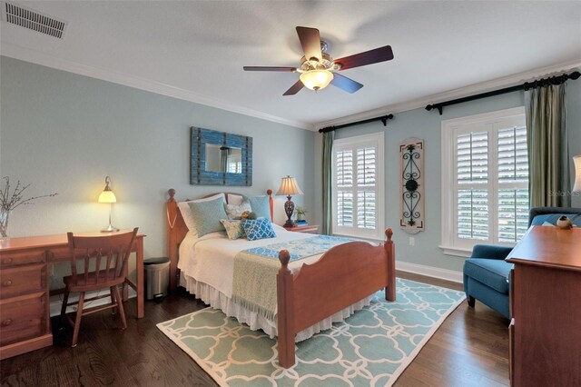 1825 Pawnee Trl, Lakeland, FL 33803 - bedroom with crown molding, wood finished floors, a ceiling fan, baseboards, and a desk