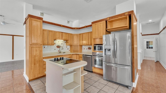 5370 Boxtree Ct, Dade City, FL 33523 - kitchen with appliances with stainless steel finishes, open shelves, light countertops, a sink, and light tile patterned floors