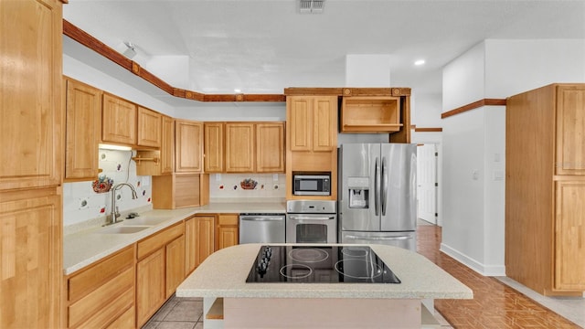 5370 Boxtree Ct, Dade City, FL 33523 - kitchen featuring stainless steel appliances, a sink, light countertops, recessed lighting, and open shelves