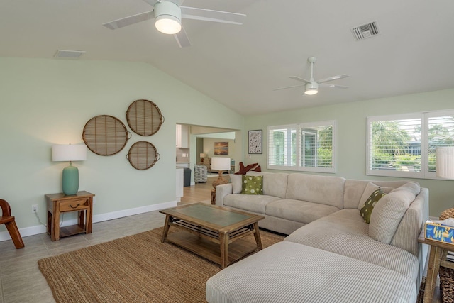 3626 Corsair Ct, New Port Richey, FL 34652 - living room with ceiling fan, lofted ceiling, and baseboards