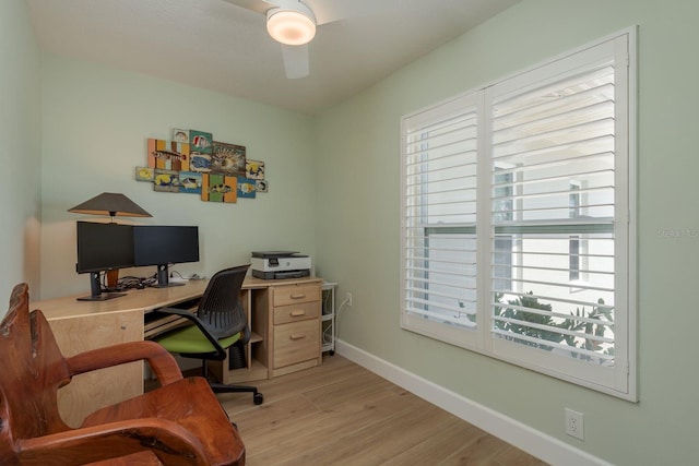 3626 Corsair Ct, New Port Richey, FL 34652 - office area featuring light wood finished floors, a ceiling fan, and baseboards