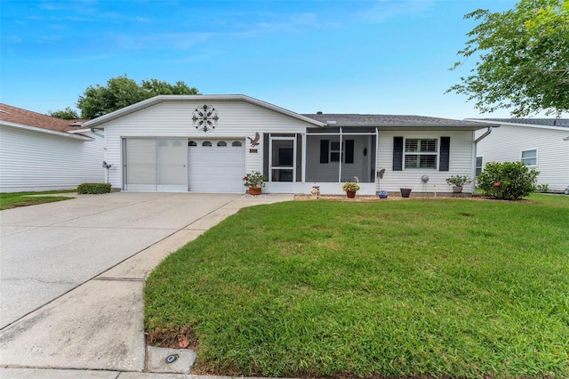 3487 Highland Fairways Blvd, Lakeland, FL 33810 - ranch-style home with concrete driveway, a garage, a front yard, and a sunroom