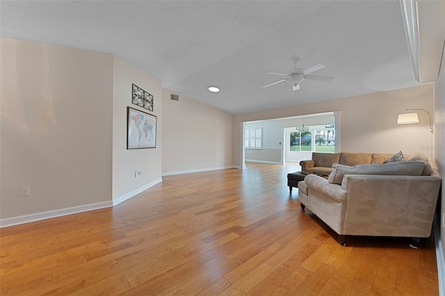 3487 Highland Fairways Blvd, Lakeland, FL 33810 - living room with a ceiling fan, light wood-type flooring, baseboards, lofted ceiling, and recessed lighting