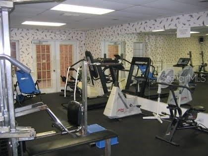 3487 Highland Fairways Blvd, Lakeland, FL 33810 - exercise room with wallpapered walls, french doors, and a drop ceiling