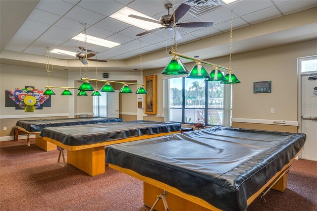 5921 Cormorant Ct, Lakeland, FL 33809 - playroom featuring ceiling fan, billiards, carpet flooring, a paneled ceiling, and baseboards