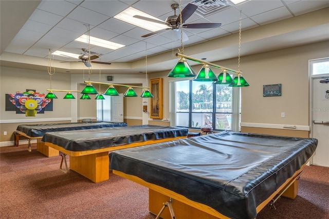 5927 Cormorant Ct, Lakeland, FL 33809 - playroom featuring ceiling fan, billiards, carpet flooring, a paneled ceiling, and baseboards