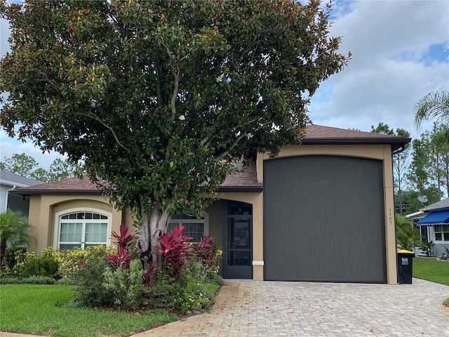 1167 Motorcoach Dr, Polk City, FL 33868 - view of property hidden behind natural elements featuring stucco siding, an attached garage, driveway, and roof with shingles