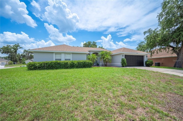 6789 Ashbury Dr, Lakeland, FL 33809 - ranch-style home with concrete driveway, a front lawn, stucco siding, an attached garage, and cooling unit