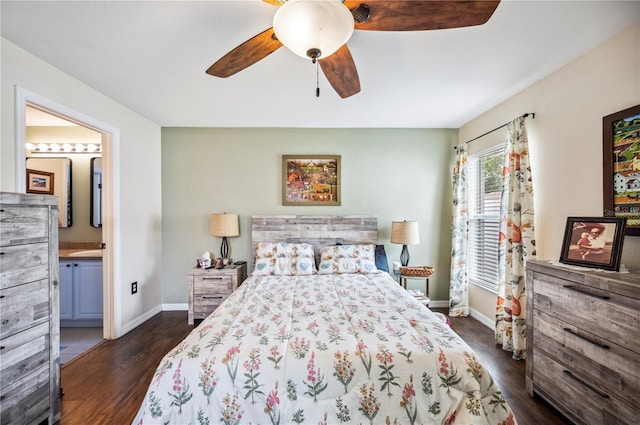 6789 Ashbury Dr, Lakeland, FL 33809 - bedroom featuring dark wood-type flooring, baseboards, ensuite bathroom, and a ceiling fan