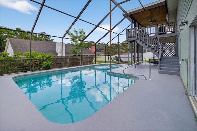 1922 Matthew Ct, Lakeland, FL 33813 - view of pool featuring stairway, ceiling fan, a patio area, a fenced backyard, and a lanai