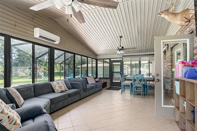 2331 D R Bryant Rd, Lakeland, FL 33810 - sunroom with a ceiling fan, a wall mounted air conditioner, outdoor lounge area, and lofted ceiling
