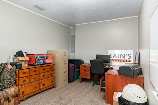 2331 D R Bryant Rd, Lakeland, FL 33810 - office area with ornamental molding, carpet flooring, a textured ceiling, and electric panel