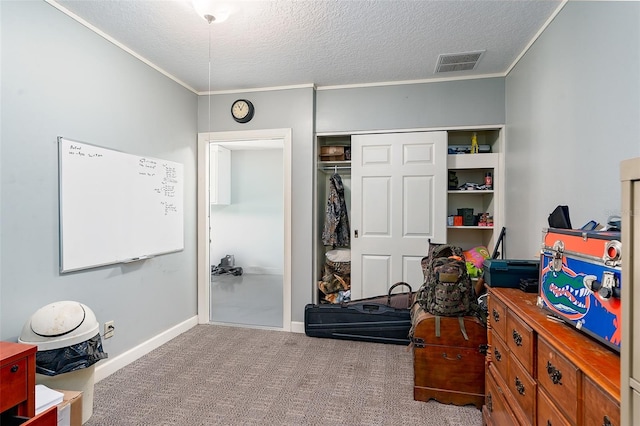 2331 D R Bryant Rd, Lakeland, FL 33810 - bedroom with crown molding, carpet floors, a textured ceiling, a closet, and baseboards