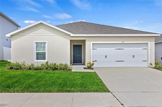 1371 Madison Cir, Haines City, FL 33844 - single story home with concrete driveway, an attached garage, a front lawn, stucco siding, and roof with shingles