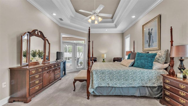 3121 Highlands By The Lake Way, Lakeland, FL 33812 - bedroom featuring french doors, access to outside, light carpet, ornamental molding, and multiple windows