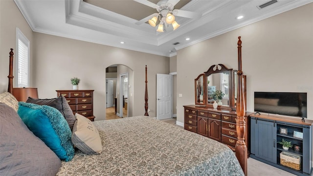 3121 Highlands By The Lake Way, Lakeland, FL 33812 - bedroom featuring arched walkways, ornamental molding, recessed lighting, light carpet, and a ceiling fan