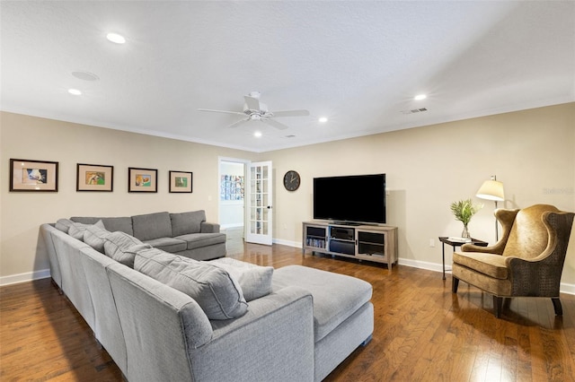 6819 Broken Arrow Trl S, Lakeland, FL 33813 - living area with a ceiling fan, recessed lighting, dark wood-type flooring, and crown molding