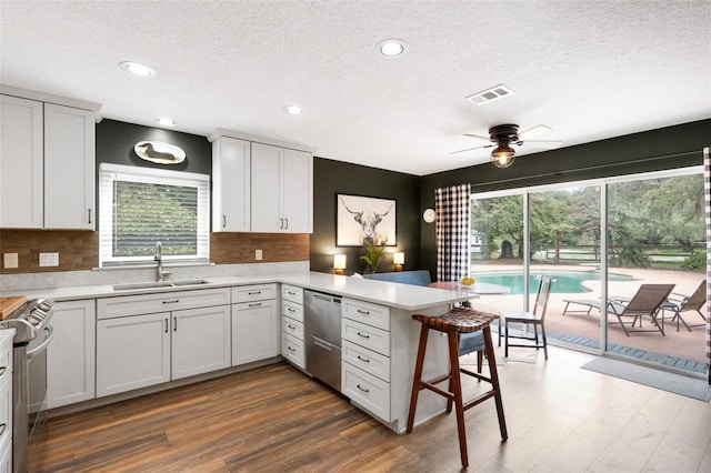 6819 Broken Arrow Trl S, Lakeland, FL 33813 - kitchen featuring a peninsula, stainless steel appliances, a textured ceiling, light countertops, and ceiling fan