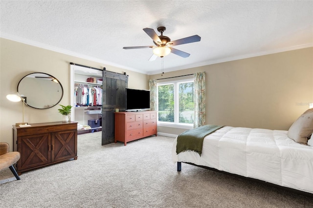6819 Broken Arrow Trl S, Lakeland, FL 33813 - bedroom featuring light carpet, crown molding, a textured ceiling, and ceiling fan