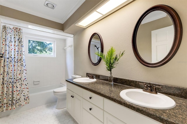 6819 Broken Arrow Trl S, Lakeland, FL 33813 - bathroom with double vanity, shower / bath combo, tile patterned floors, and crown molding