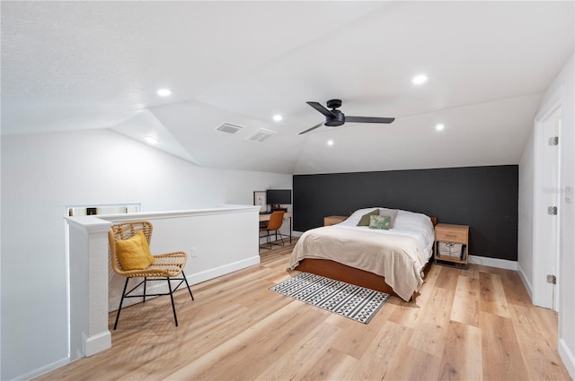 818 Woodward St, Lakeland, FL 33803 - bedroom with vaulted ceiling, light wood finished floors, baseboards, recessed lighting, and ceiling fan
