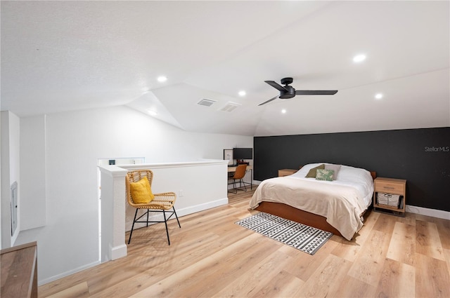 818 Woodward St, Lakeland, FL 33803 - bedroom with vaulted ceiling, light wood-style flooring, baseboards, recessed lighting, and a ceiling fan