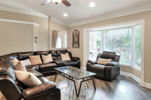 1300 Ariana Woods Cir, Auburndale, FL 33823 - living room featuring a ceiling fan, wood finished floors, and crown molding