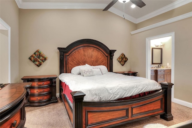 1300 Ariana Woods Cir, Auburndale, FL 33823 - bedroom featuring light colored carpet, connected bathroom, vaulted ceiling, crown molding, and ceiling fan